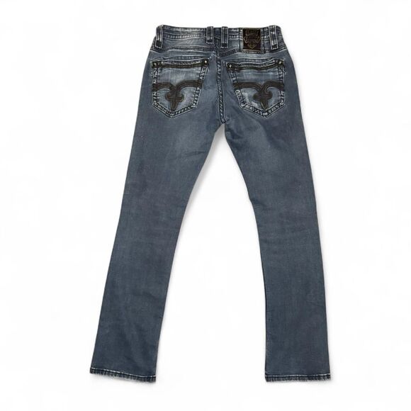Rock Revival Nick All-Straight Jeans Men’s Size 32 Blue Distressed Denim Embroid - Picture 2 of 8